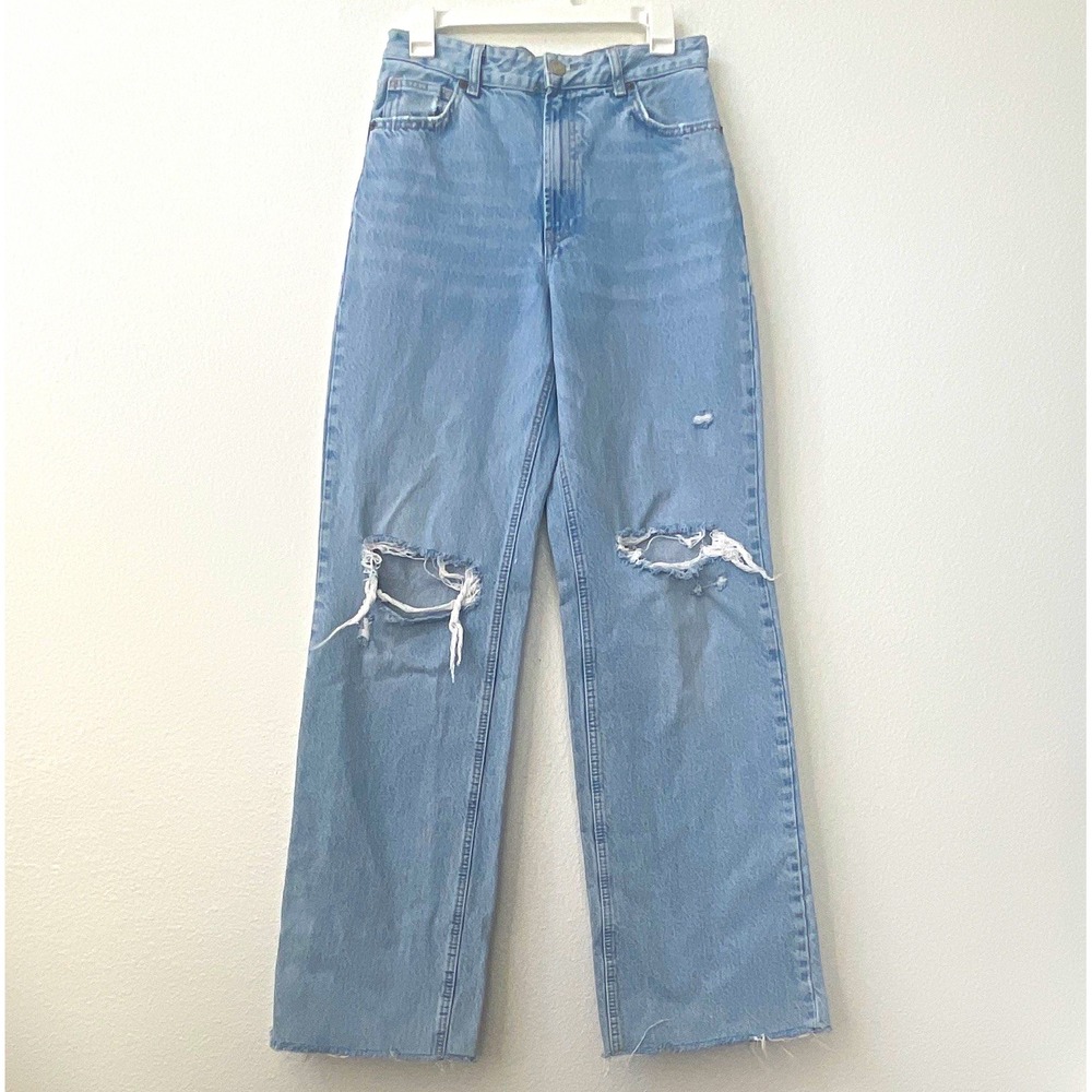 Zara Women's Light Wash High Rise Distressed Straight Leg Denim Jeans 6